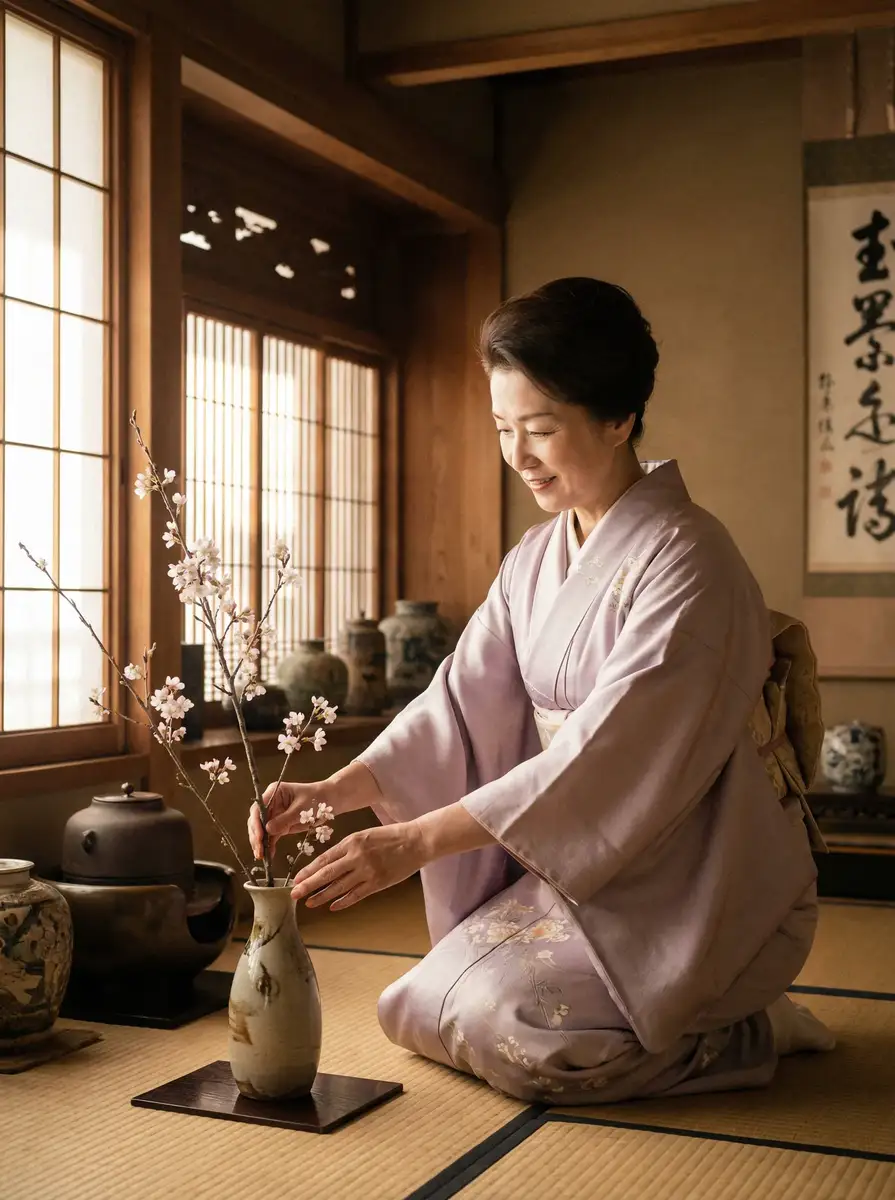 一位优雅的 嫩草www天堂资源在线观看 在和室中插花